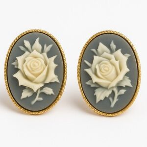Vintage Avon Rose Cameo Clip-On Earrings – Gold Tone & Pale Blue-Gray Background